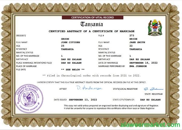 Tanzania marriage certificate Word and PDF template